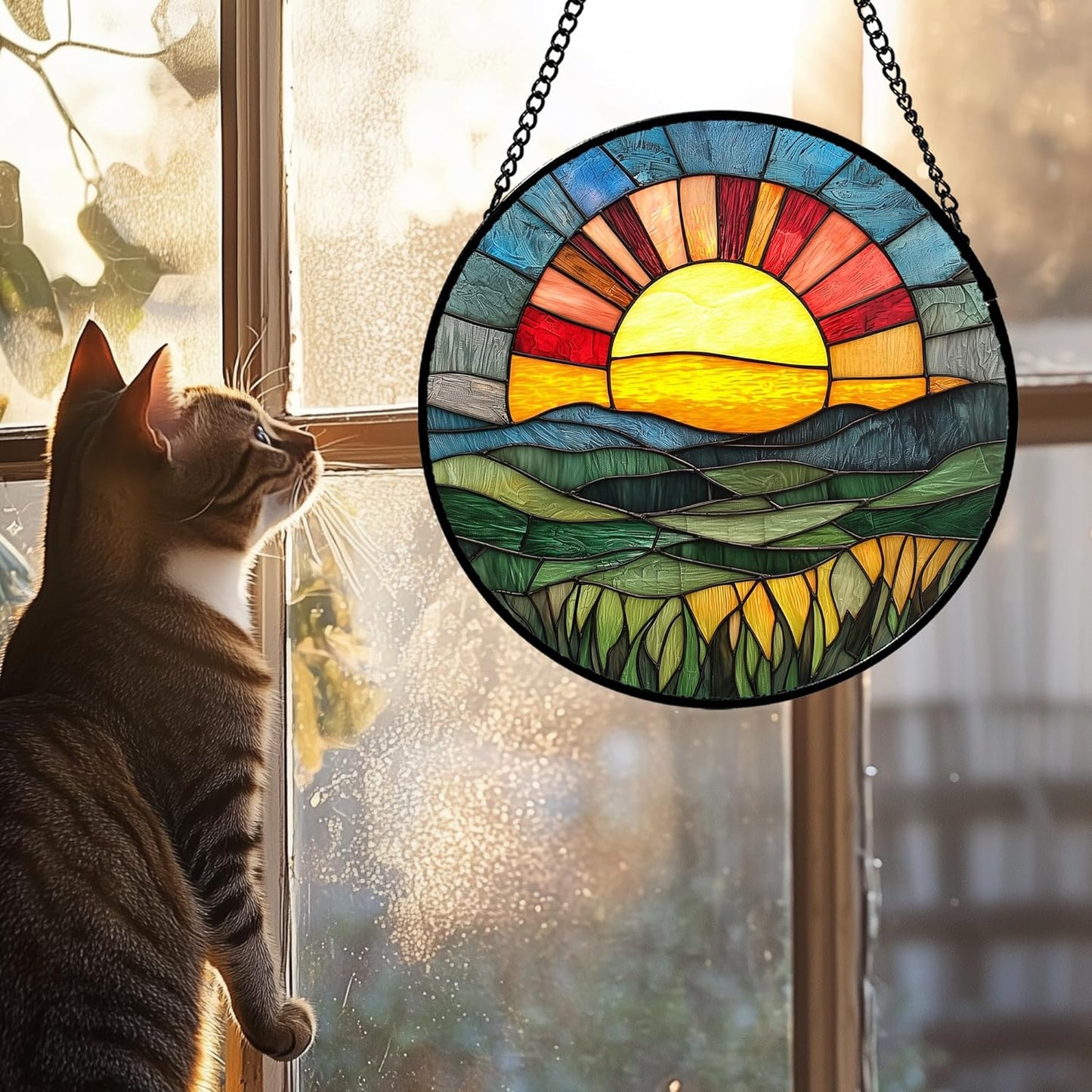 Stained Glass Window Hanging, Golden Red Sun Green Mountain Suncatcher for Window Home Decor Nature Landscape Sun Catcher Mother's Day Birthday Gifts for Women Men Mom Nana 9.8 in