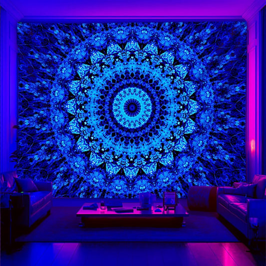 PSYHILAR Blacklight Mandala Tapestry for Bedroom, Black Light Posters for Adults and Teens, Neon UV Reactive Aesthetic Bohemian Wall Art Decor (60 x 50 Inches)