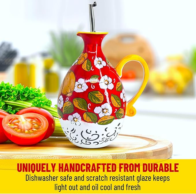 Hand-Painted Ceramic Olive Oil Dispenser Bottle – 40oz Decorative Stoneware Cruet with Stainless Steel Pour Spout – Elegant Kitchen Oil & Vinegar Container, Ideal for Coffee Syrups & More