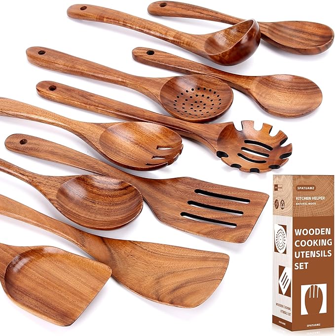 SPATUAMZ Teak Wood Spoons for Cooking, Elegant Wooden Cooking Set of 10, Excellent Kitchen Cooking Utensils Set for Home