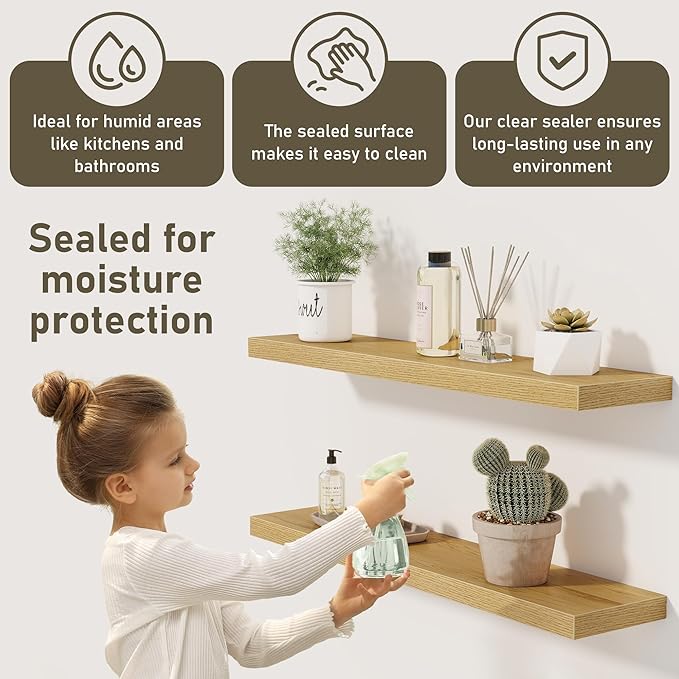 Floating Shelves Wall Shelf 48 Inch, 9.3 Inch Deep Floating Shelf for Wall, Farmhouse Black Wood Shelves Invisible Bracket for Living Room, Bedroom, Kitchen, 48 x 9.3 x 1.4 Inch, Set of 2, Oak Color