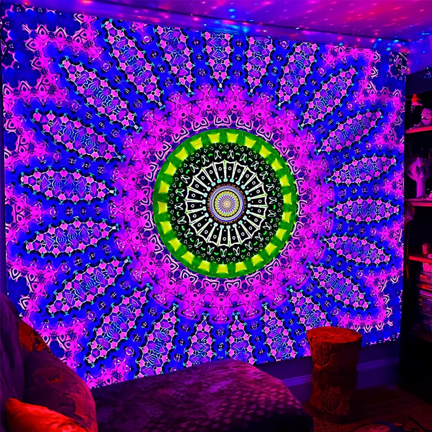 Blacklight Mandala Tapestry for Bedroom, Medium Black Light Posters for Adults and Teens, Red UV Reactive Aesthetic Bohemian Wall Art Decor (60 x 50 Inches)