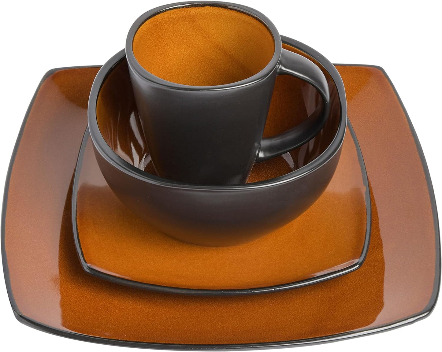 Gibson Elite Soho Lounge Square Reactive Glaze Stoneware Dinnerware Set, Service for 4 (16pc), Amber