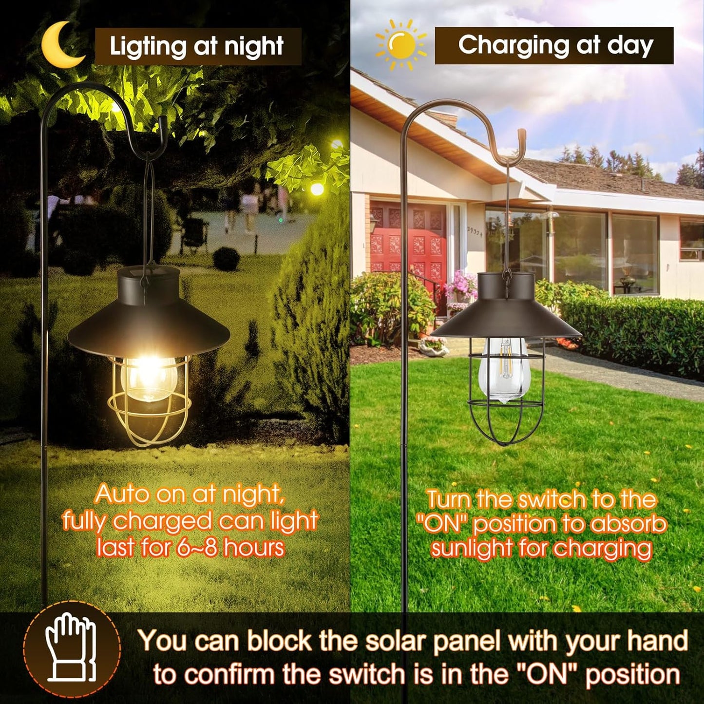 Retisee 4 Pcs Hanging Solar Light 31" Outdoor Solar Lamp Lanterns with Dual Use Shepherd Hook Waterproof Pathway Hanging Lights Metal Garden Lantern for Path Patio Yard Lawn Driveway Markers (Black)