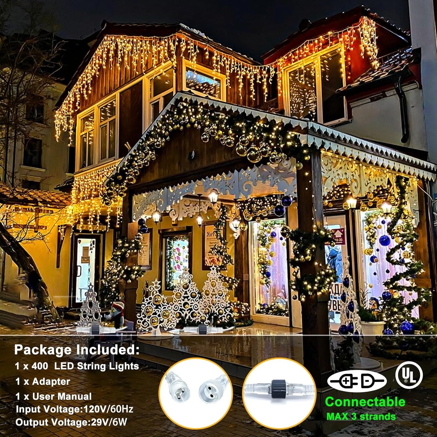 Icicle Lights for Outside 33ft 400 LED Icicle Christmas Lights Outdoor 8 Modes with 75 Drops, Plug in Christmas Light Waterproof for Indoor Holiday Wedding Xmas Decorations, Warm White