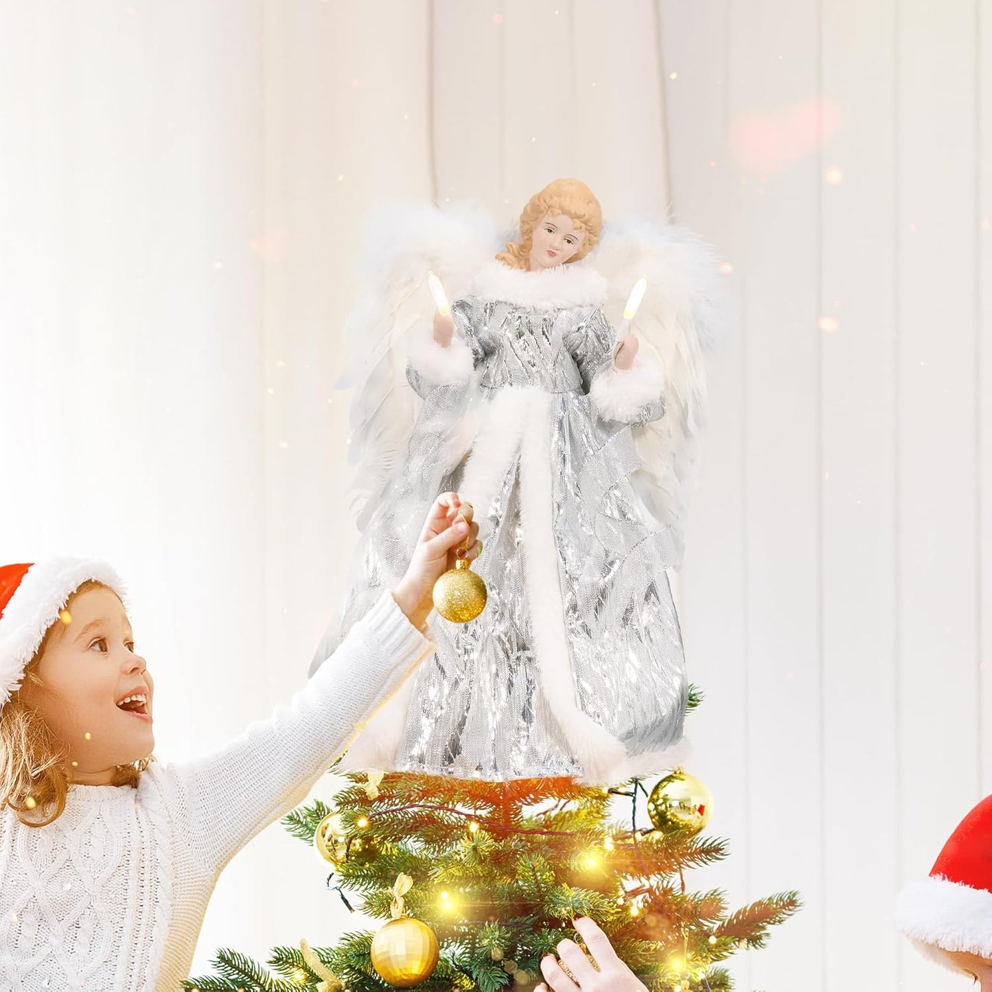 GENMOUS Angel Christmas Tree Topper, 12Inch Silver Angel Treetop, Angel Figurine Christmas Tree Top, Christmas Tree Decorations for Home