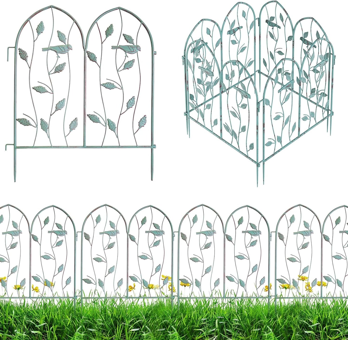 Decorative Garden Fence 4 Pack, 24in(H) x 6.5Ft(L), Metal Garden Fencing Panel, Landscape Pathway Edge Iron Picket Fence Panels, Border for Yard Patio Flower Bed