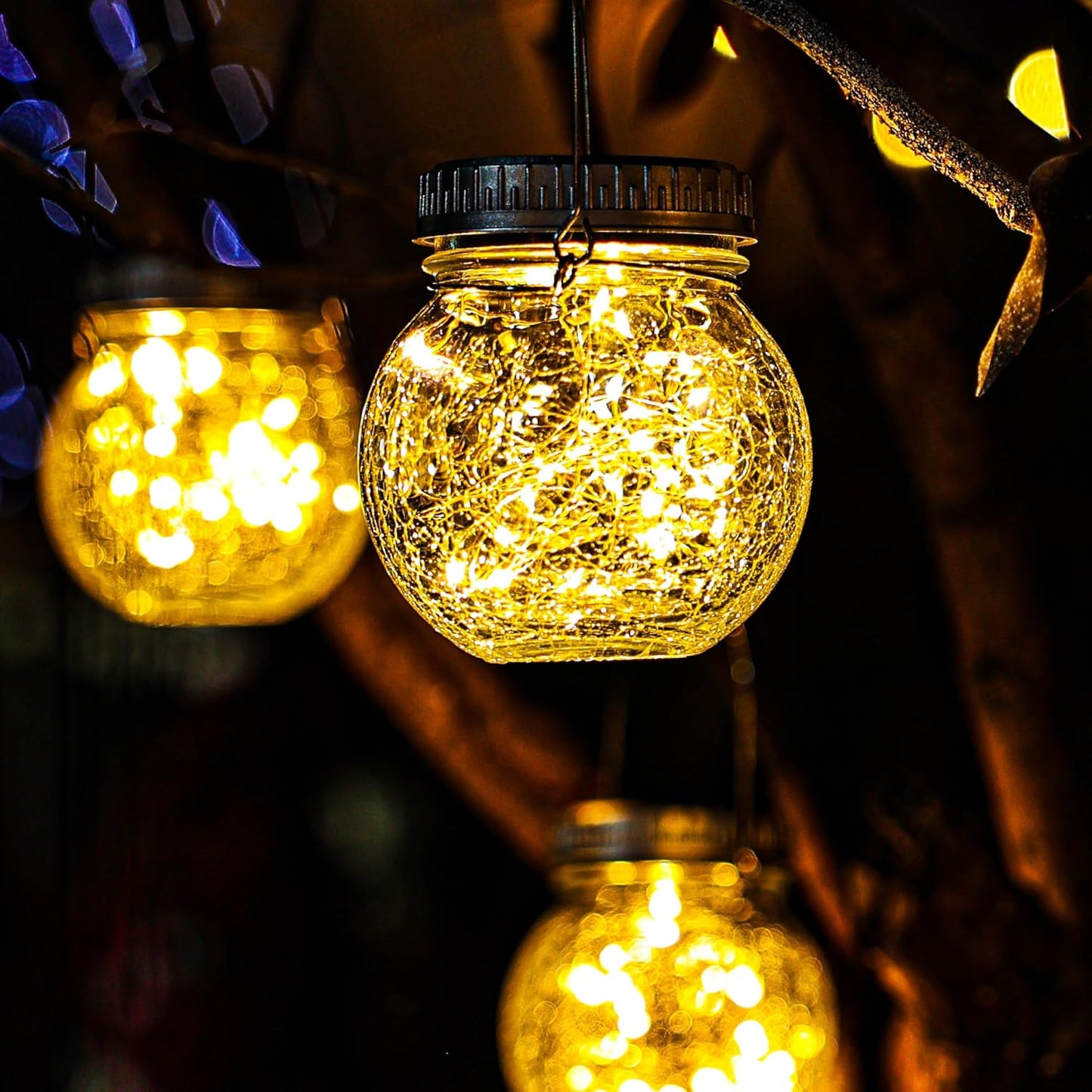 Cooo 6 Pack Crackle Glass Solar Lantern with 30 LED Firefly Lights– Waterproof Outdoor Hanging Lamp 215% Larger Solar Panel, Anti-Rust Lids Decorative Lighting for Garden Patio Table