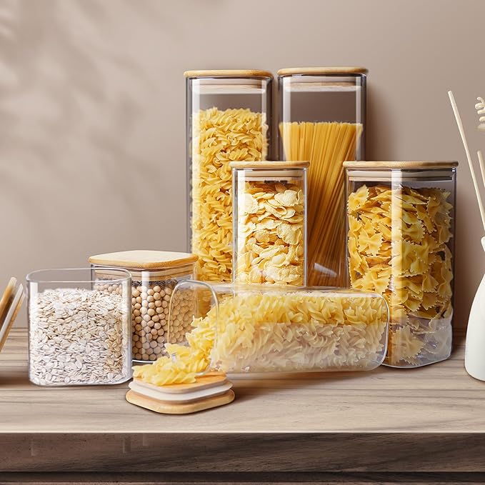 Square Glass Jars with Bamboo Lids 53 FL OZ [Set of 4], Glass Canisters with Airtight Lid, Glass Food Storage Containers for Pasta, Cereal, Coffee, Flour, Sugar, Best for Kitchen & Pantry