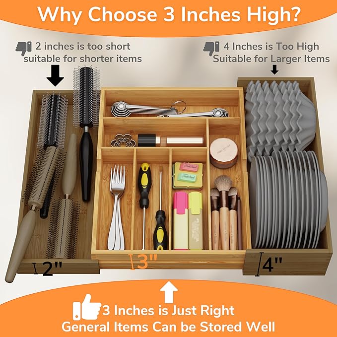 BAMEOS 3" Deepth Expandable Drawer Organizer, Deep Flatware Organizer, Adjustable Silverware Organizer, Bamboo Drawer Organizer for Kitchen, Bathroom (Natural)