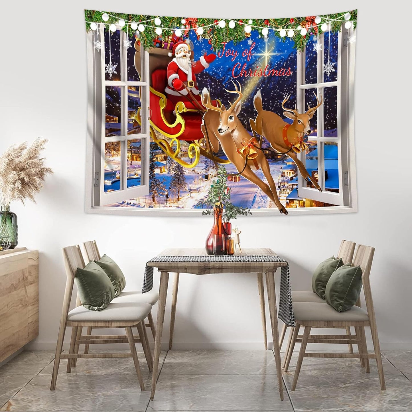 QGHOT Christmas Window Tapestry Wall Hanging Christmas Backdrop Xmas Winter Window Wall Decor Santa Claus Tapestries for Bedroom Living Room Dorm Holiday Party Decoration