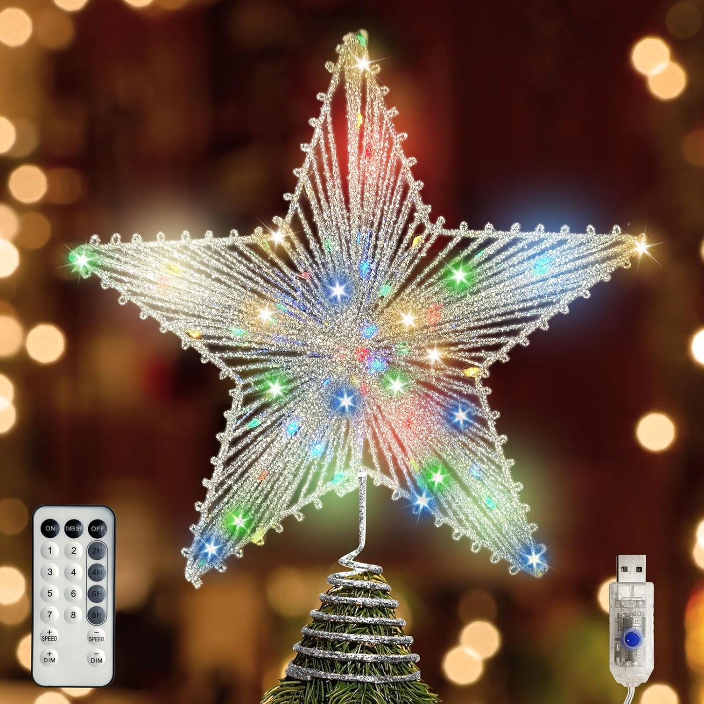 Christmas Tree Topper Star Silver with 50 Colouful LED Lights 8 Lighting Modes Timer, Tradition Tree Topper Star for Home Holiday Xmas Tree Christmas Decor, Colorful Light