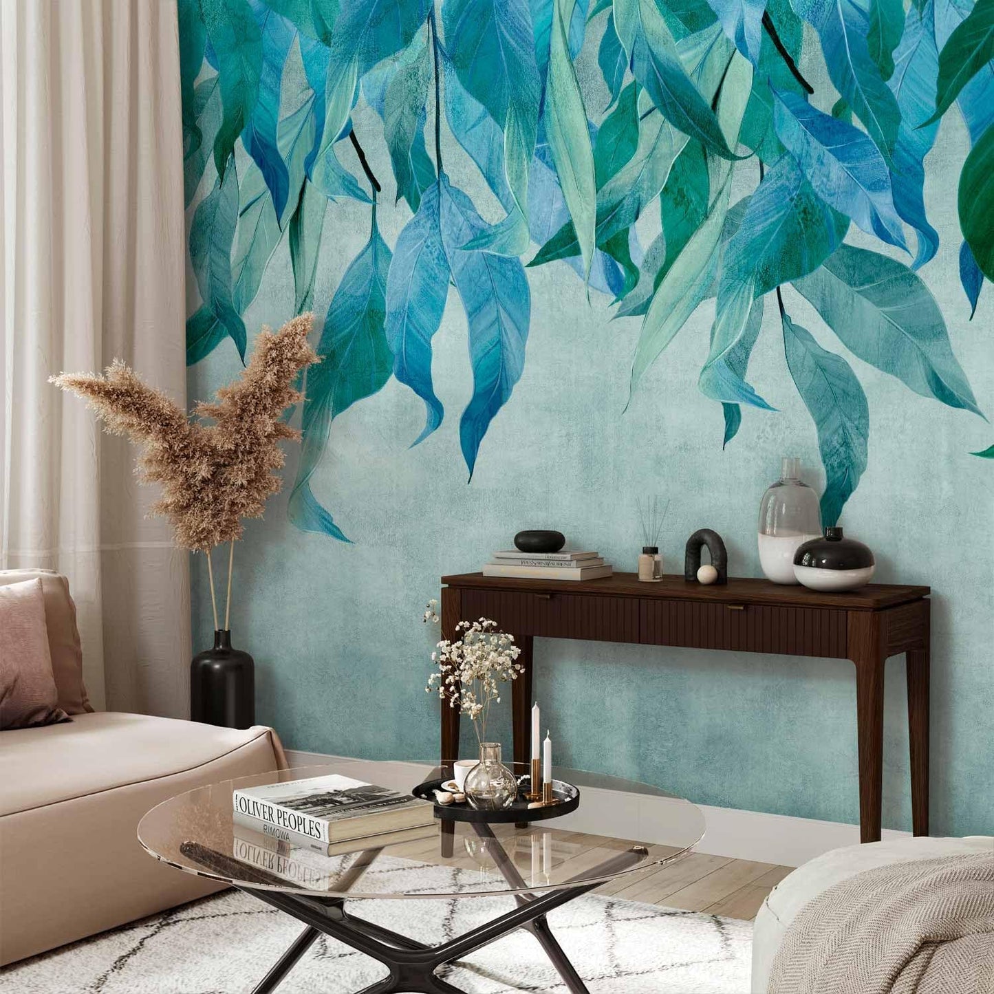 artgeist Premium Wall Mural Hanging Leaves 98x69 in - Non-Woven Wallpaper Fleece Wall Decor Photo Print Picture Image Design Nature Botanical Concrete Green Blue b-C-10146-a-b
