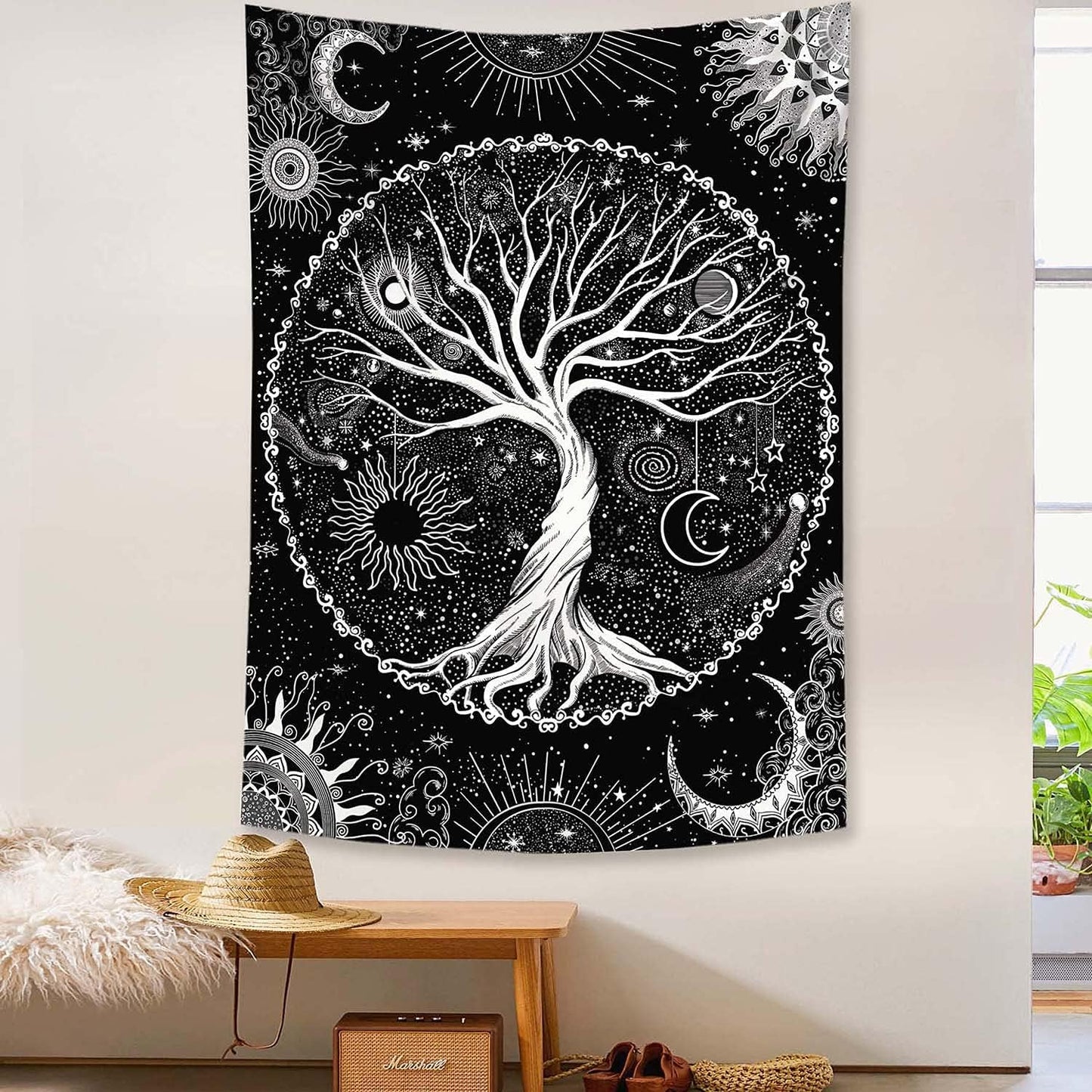 Lunerfex Tree of Life Tapestry Black and White Tapestry Mystical Sun and Moon Tapestries for Bedroom and Living Room Decor Black Tree 44×60 Inches