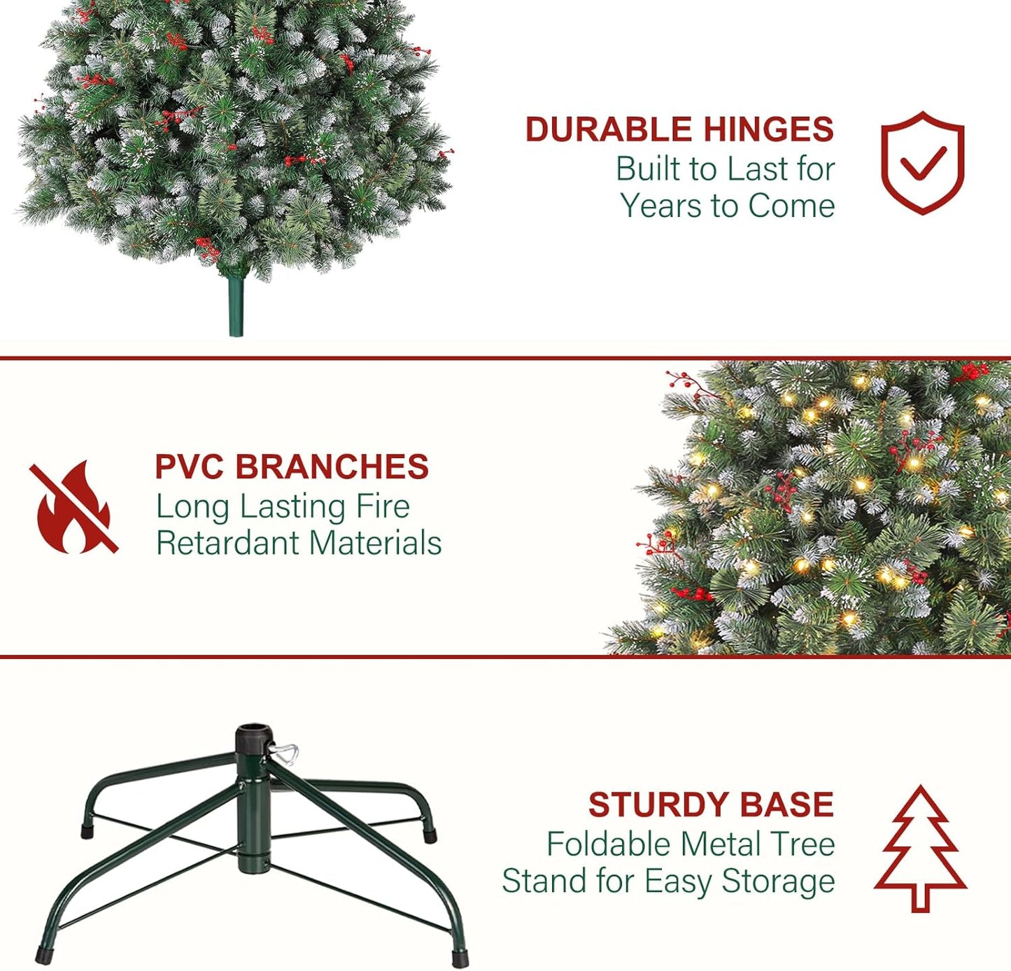 Hykolity 6 ft Prelit Artificial Christmas Tree, Frosted Christmas Tree with 250 Warm White Lights, 956 PVC Branch Tips, Metal Stand and Hinged Branches
