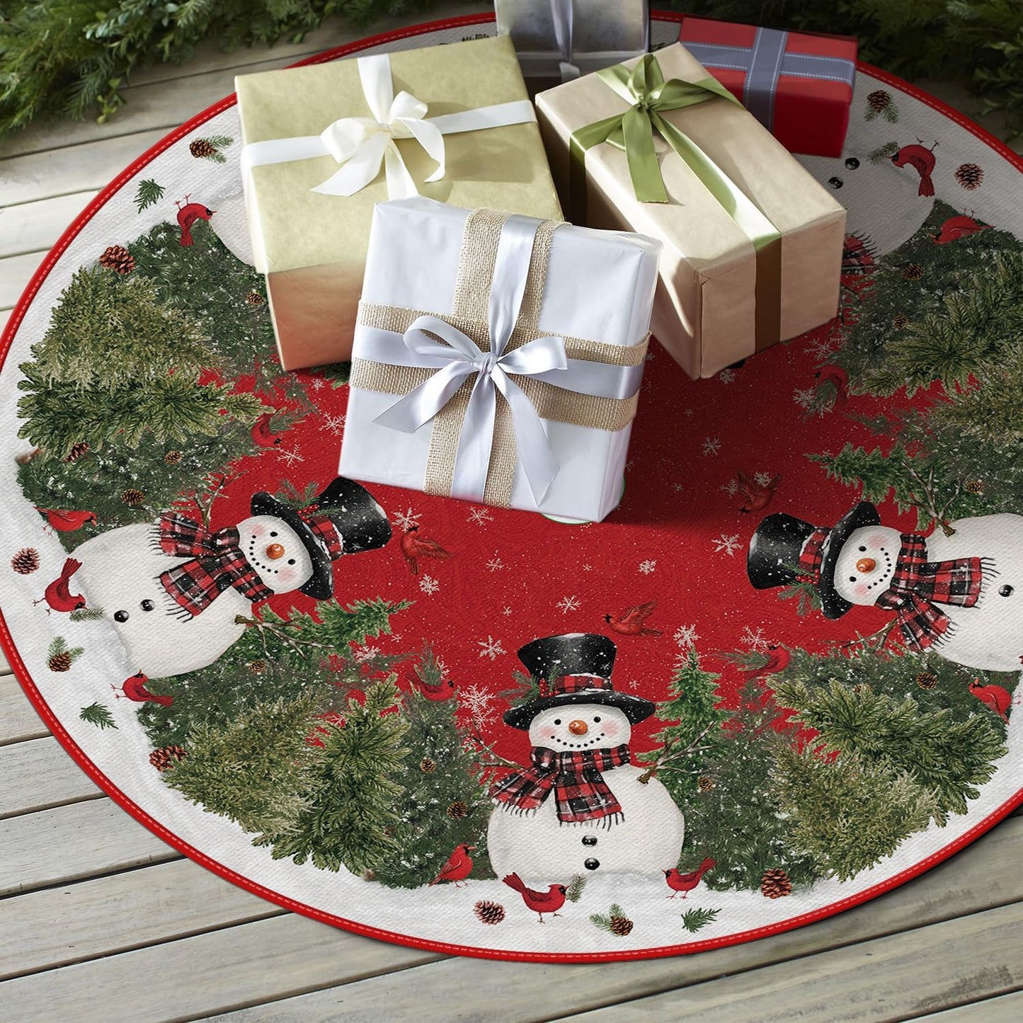 AVOIN colorlife Cardinals Cedar Snowman with Scarf Christmas Tree Skirt, Xmas Winter Holiday Party Tree Mat Indoor Outdoor Decoration 36 Inch