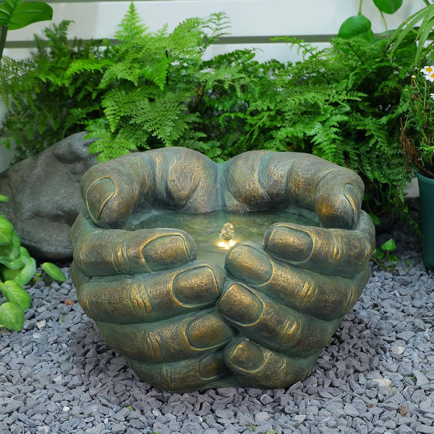 Water Fountain Zen Outdoor Fountains Garden Buddha's Hand Bubbler with Lights & Pump for Patio Porch Deck Yard Home Decor, 19.7''H x 17.5''L x12.2''W