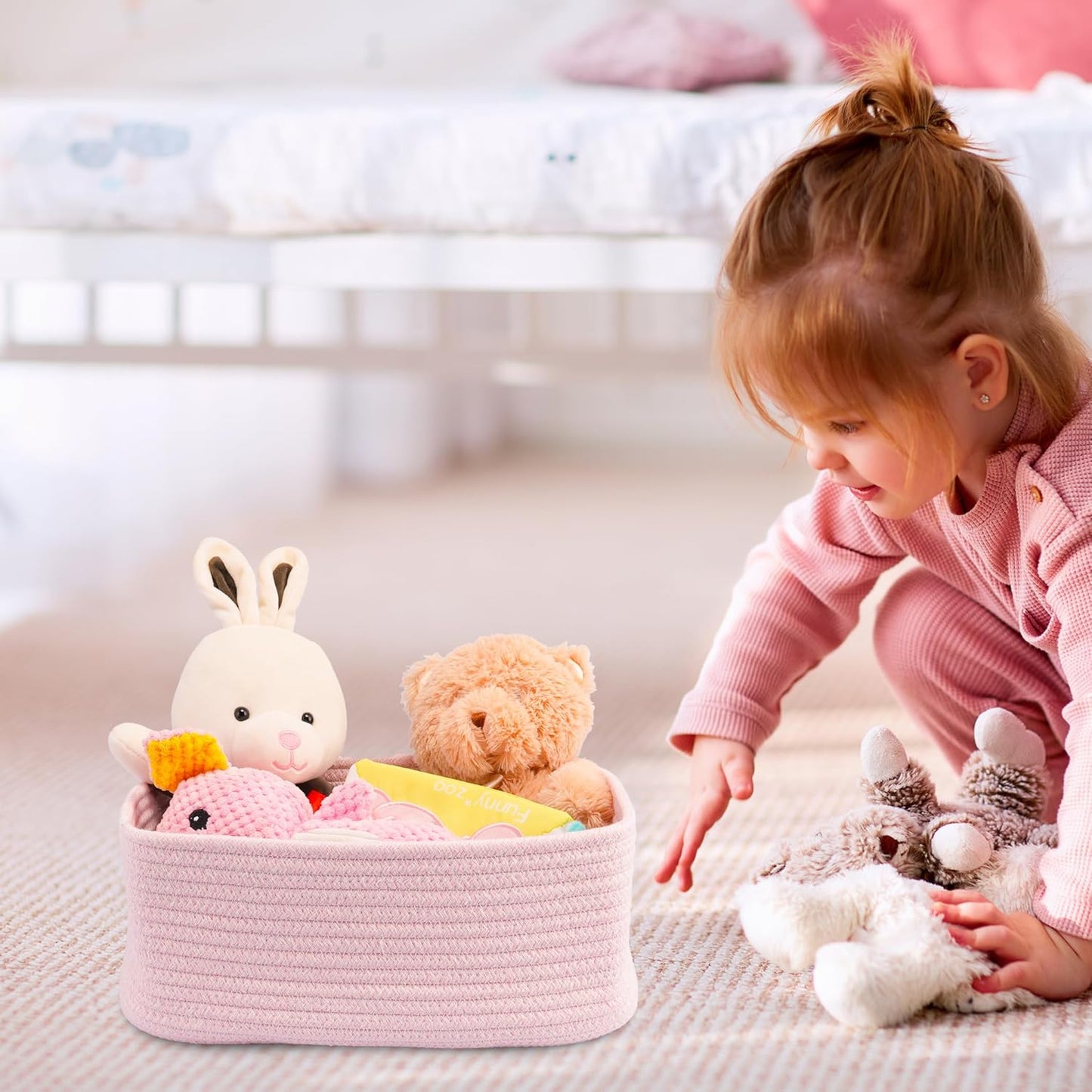 Small Woven Storage Baskets 13“X9”X5“ Decorative Rope Bins for Organizing Shelves, Closets, and Toys, Empty Gift Baskets, Cute Organizer Basket for Home and Office (pink, Large)