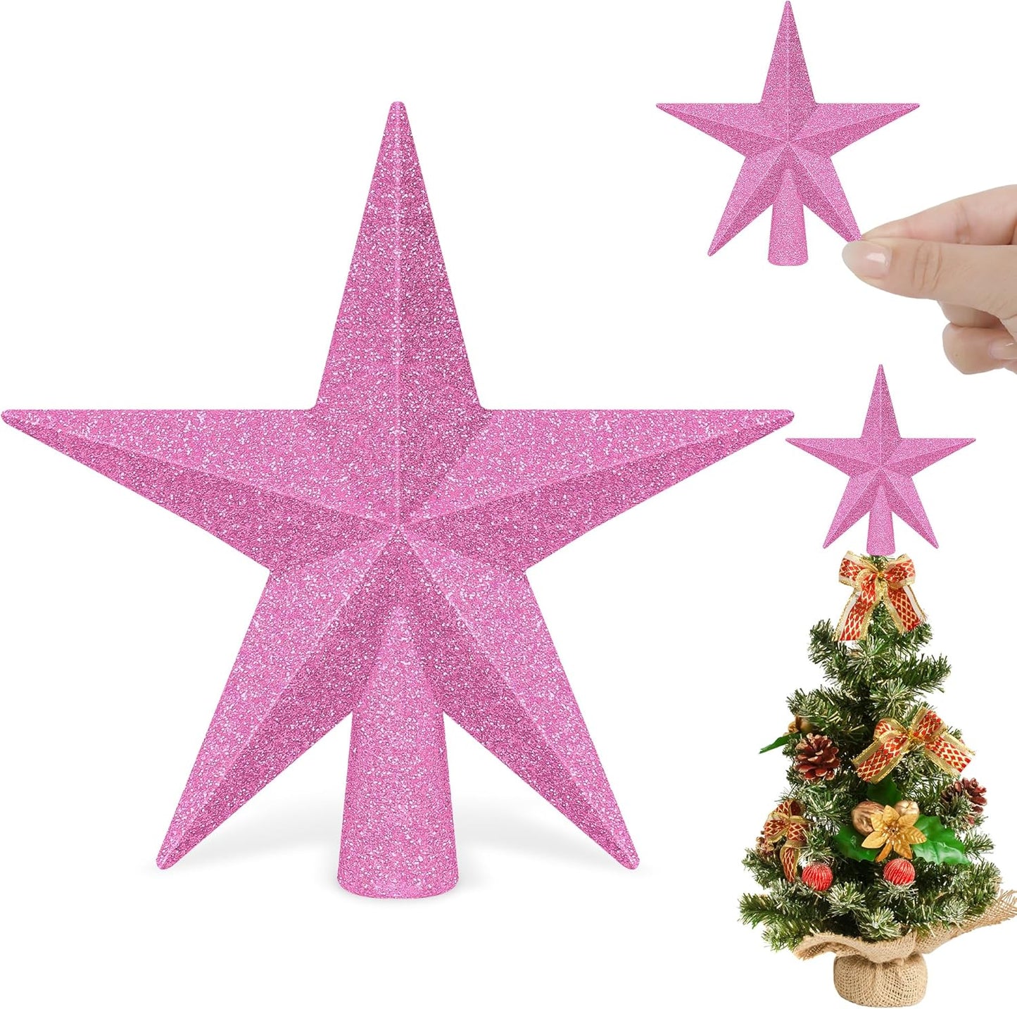 1PCS Christmas Tree Star Topper, 4" 3D Pink Xmas Tree Topper Decorations, Glitter Shatterproof Mini Bethlehem Star Tree Decor, Waterproof Star Tree Topper for Christmas Holiday Indoor Ornament