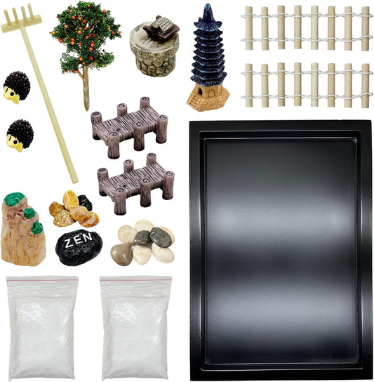 Cayway DIY Zen Garden Kit - Tabletop Zen Decor with White Sand, Model Trees, Desktop Garden for Home Office