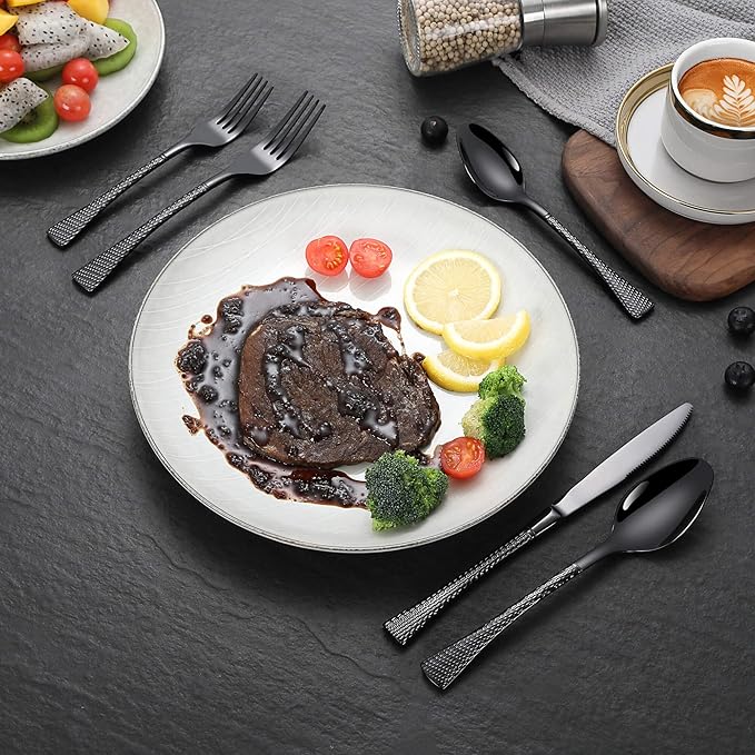 Hammered Black Silverware Set for 8,Stainless Steel 40-Piece Modern Cutlery Set,Mirror Polished Heavy Duty Flatware Set Utensil Set,Knives Spoons and Forks Set,Dishwasher Safe