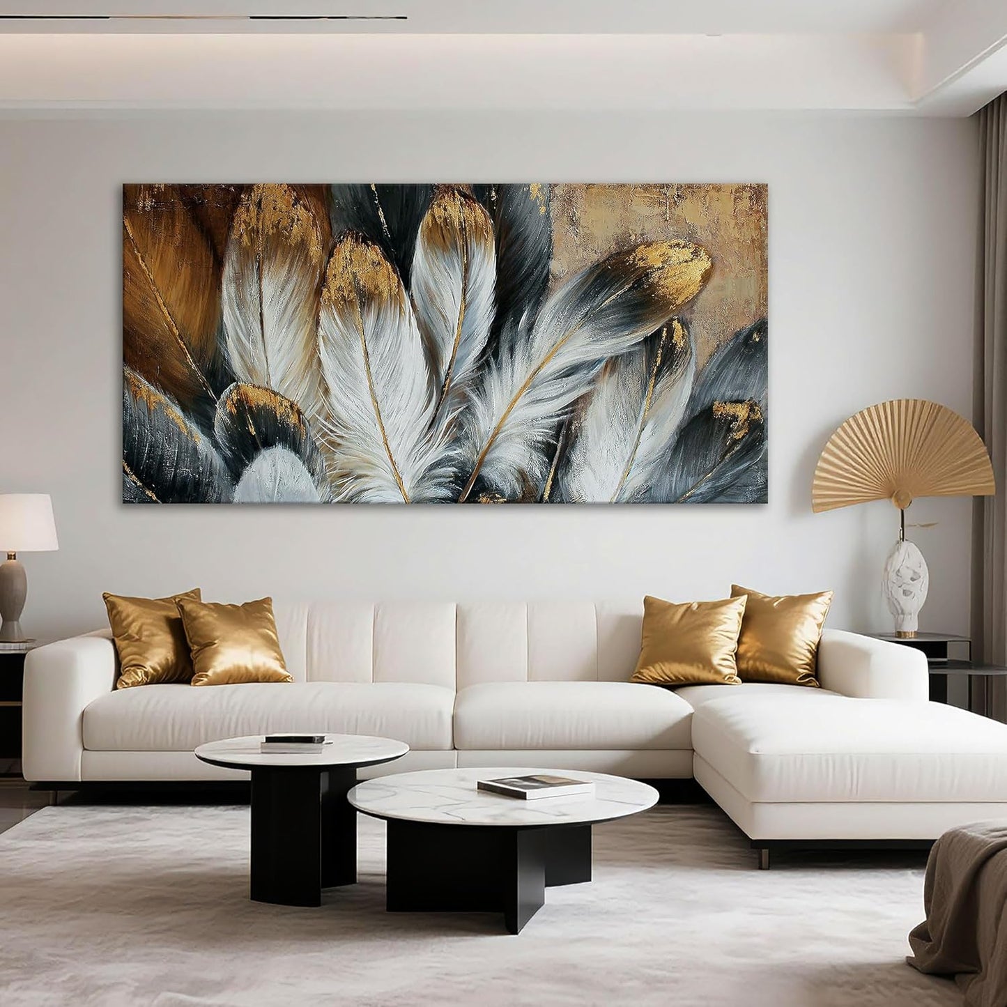 Feather Wall Art Modern Living Room Bedroom Wall Decoration Large Giclee Print Canvas Painting Artwork for Home Decor One Piece White Gold Brown Feather Picture Ready to Hang 24x48 Size