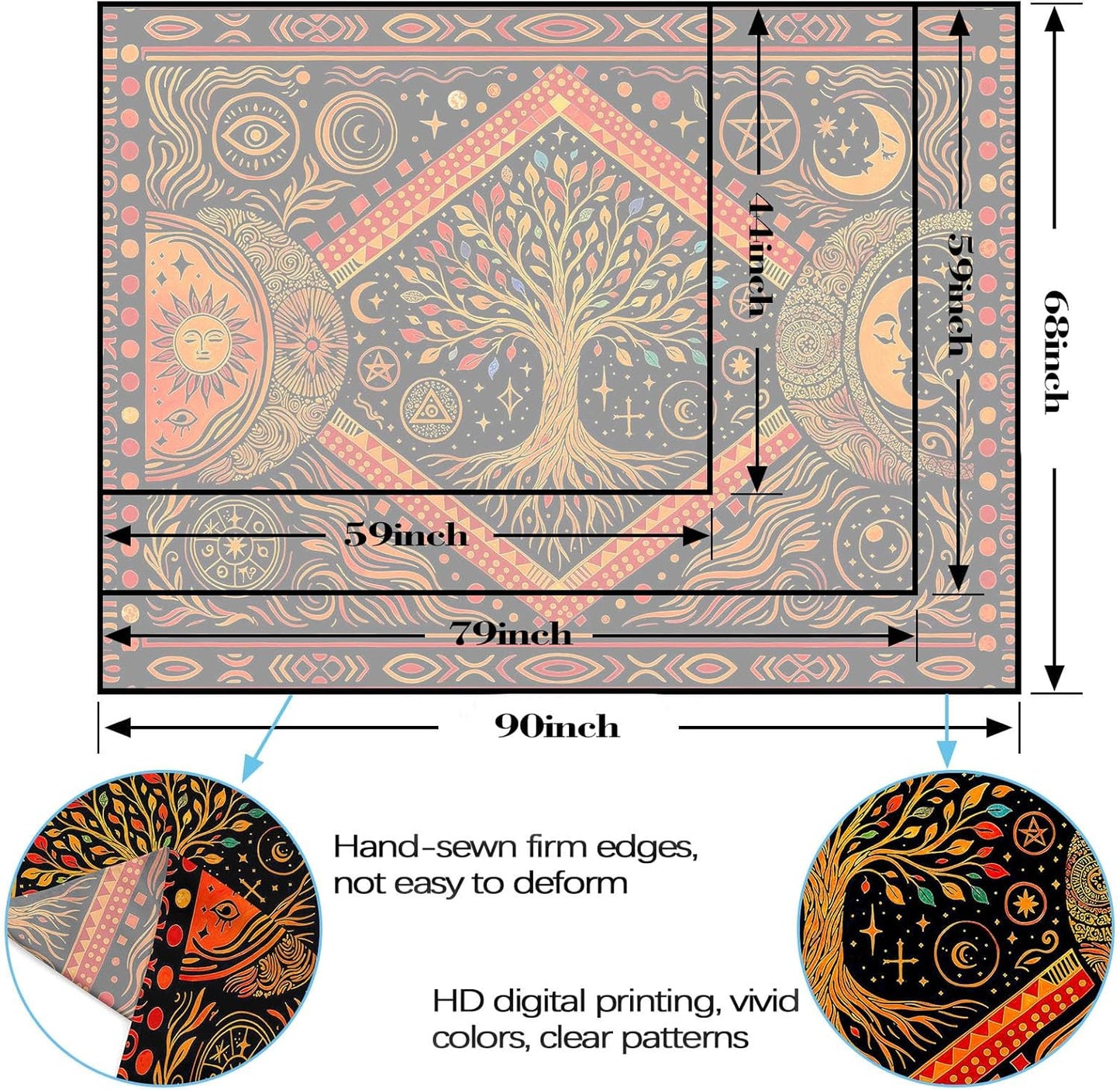 Lunerfex Tree of Life Sun Moon Stars Wall Tapestry, Cosmic Harmony Symbol Tapestries for Home Decor, Mystical Tapestry 90x70 Inch