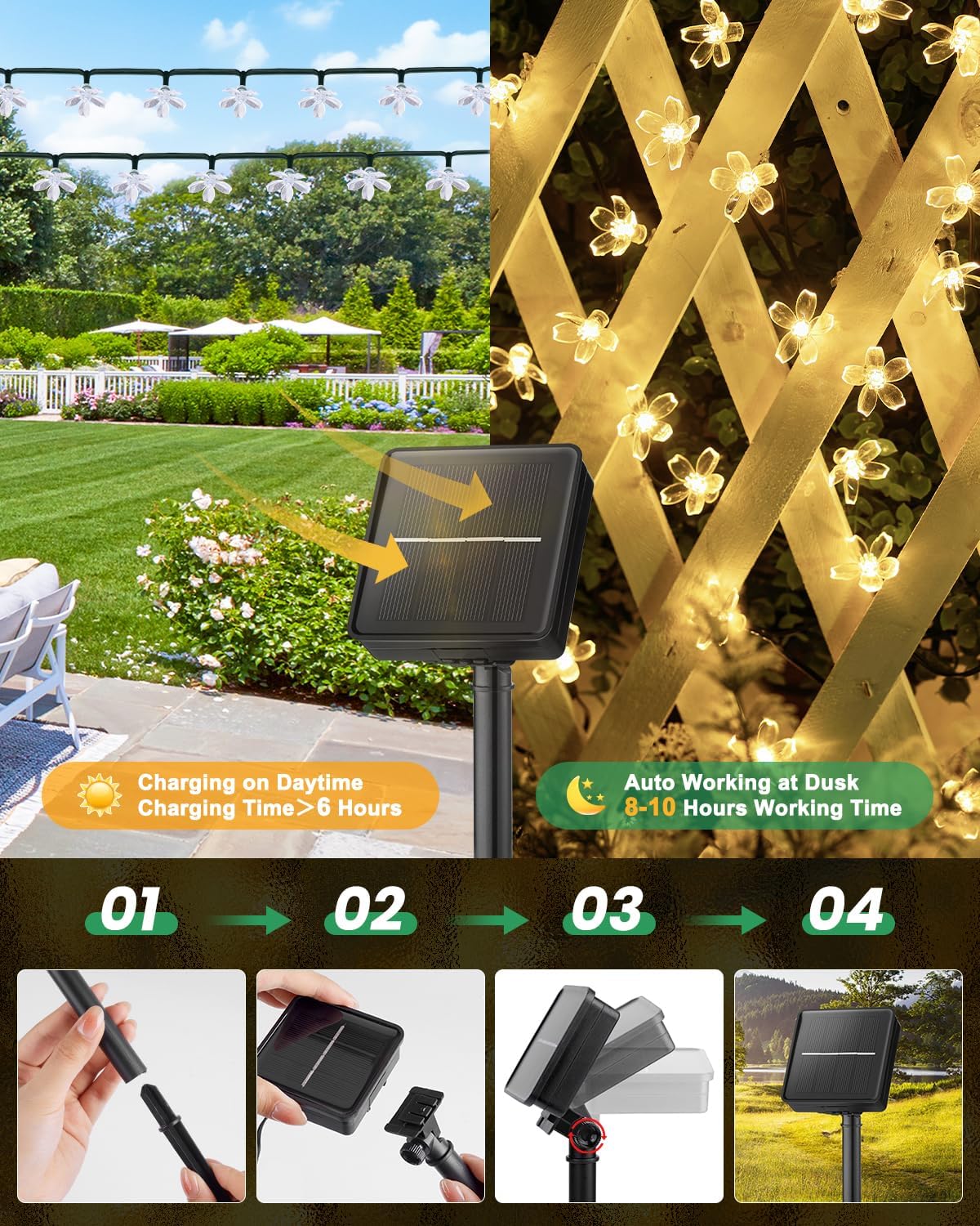 Brightown 60 LED Solar String Lights Flower Outdoor Waterproof Fairy Lights for Garden Yard Fence Patio Christmas Tree Wedding Party Decor, Warm White