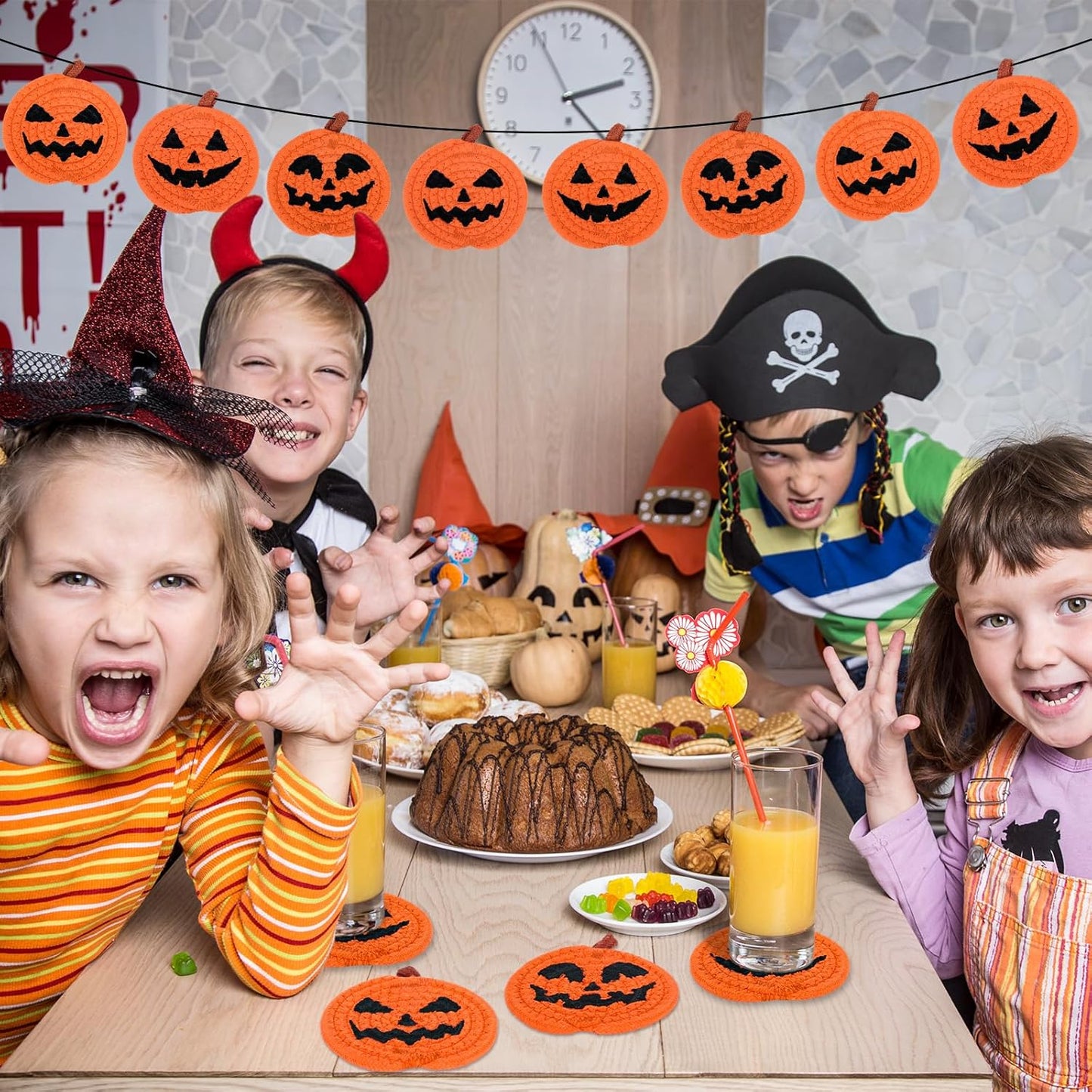 Whaline 4Pcs Halloween Pumpkin Handmade Braided Cotton Coasters Orange Black Pumpkin Shape Drink Coasters Absorbent Cup Coasters for Home Office Party Decor, 4.7 Inch