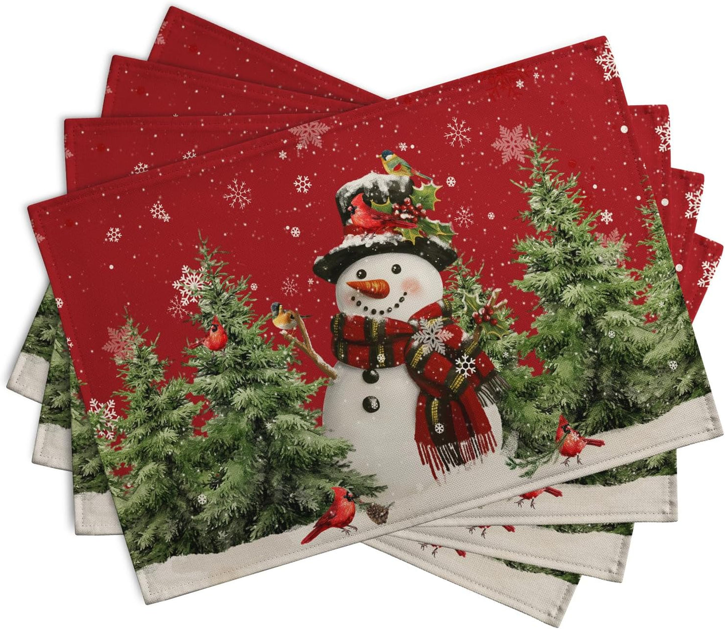 Snowman Christmas Red Placemats Set of 4 Xmas Tree Cardinal Snowflakes Linen Table Mats Seasonal Winter Holiday Place Mats Washable Placemat for Party Kitchen Dining Outdoor Indoor Decor