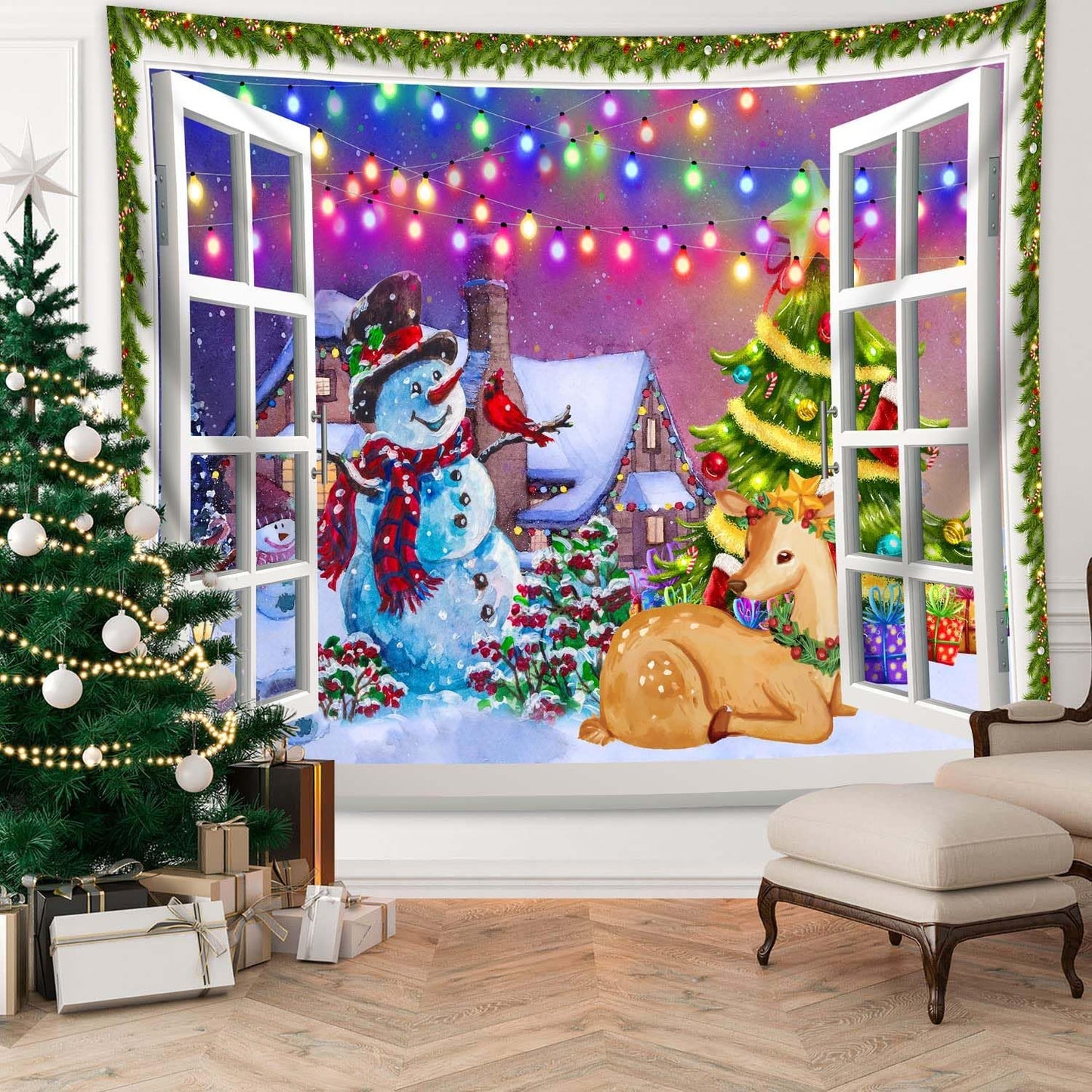 QGHOT Christmas Window Tapestry Wall Hanging, Christmas Backdrop Winter Window Wall Decor Xmas Snowman Deer Tapestries for Bedroom Living Room Dorm Holiday Party Decoration, Large