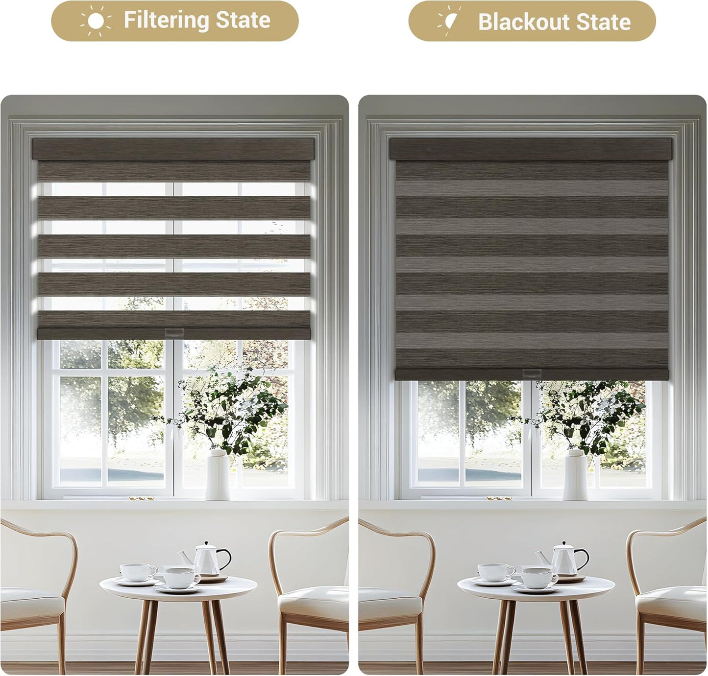Cordless Zebra Blinds for Windows, Blackout Interior Blinds,Easy to Install,UV Protection,for Offices and Home,Custom Roller Shades, Mousse Dark Bown,23" W x 64" H