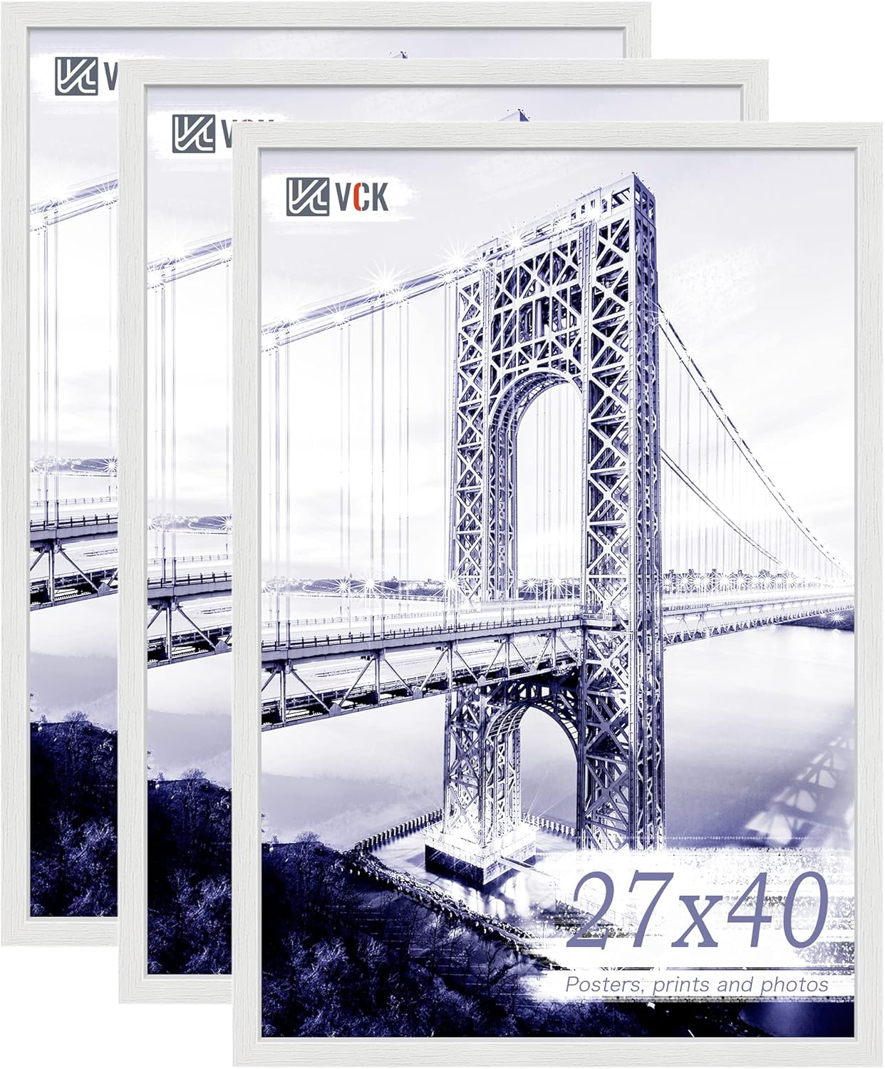 VCK 27x40 Solid Wood Poster Frames Set of 3, Exclusive Woodgrain White Picture Frame, Wall Mounting Hanging