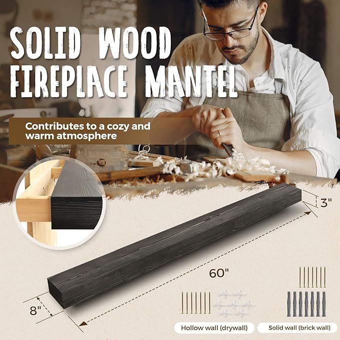60x8x3 Fireplace Mantel - Handcrafted Hollow Rustic Solid Wood Wall Mounted Floating Shelf with Invisible Heavy Duty Wood Bracket (Weathered Black)