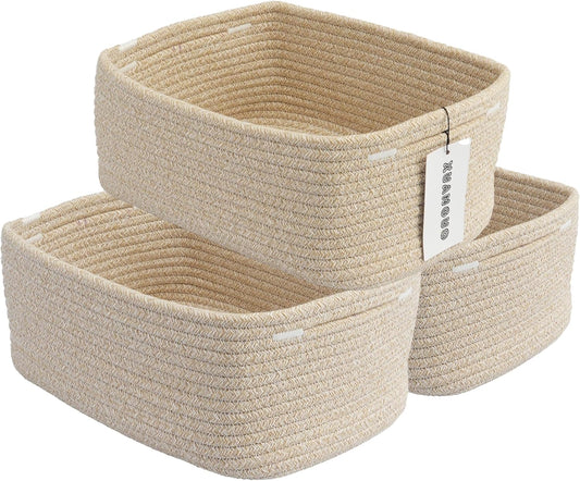 Small Woven Storage Baskets 12“X8”X5“ Decorative Rope Bins for Organizing Shelves, Closets, and Toys, Empty Gift Baskets, Cute Organizer Basket for Home and Office (oatmeal, regular)