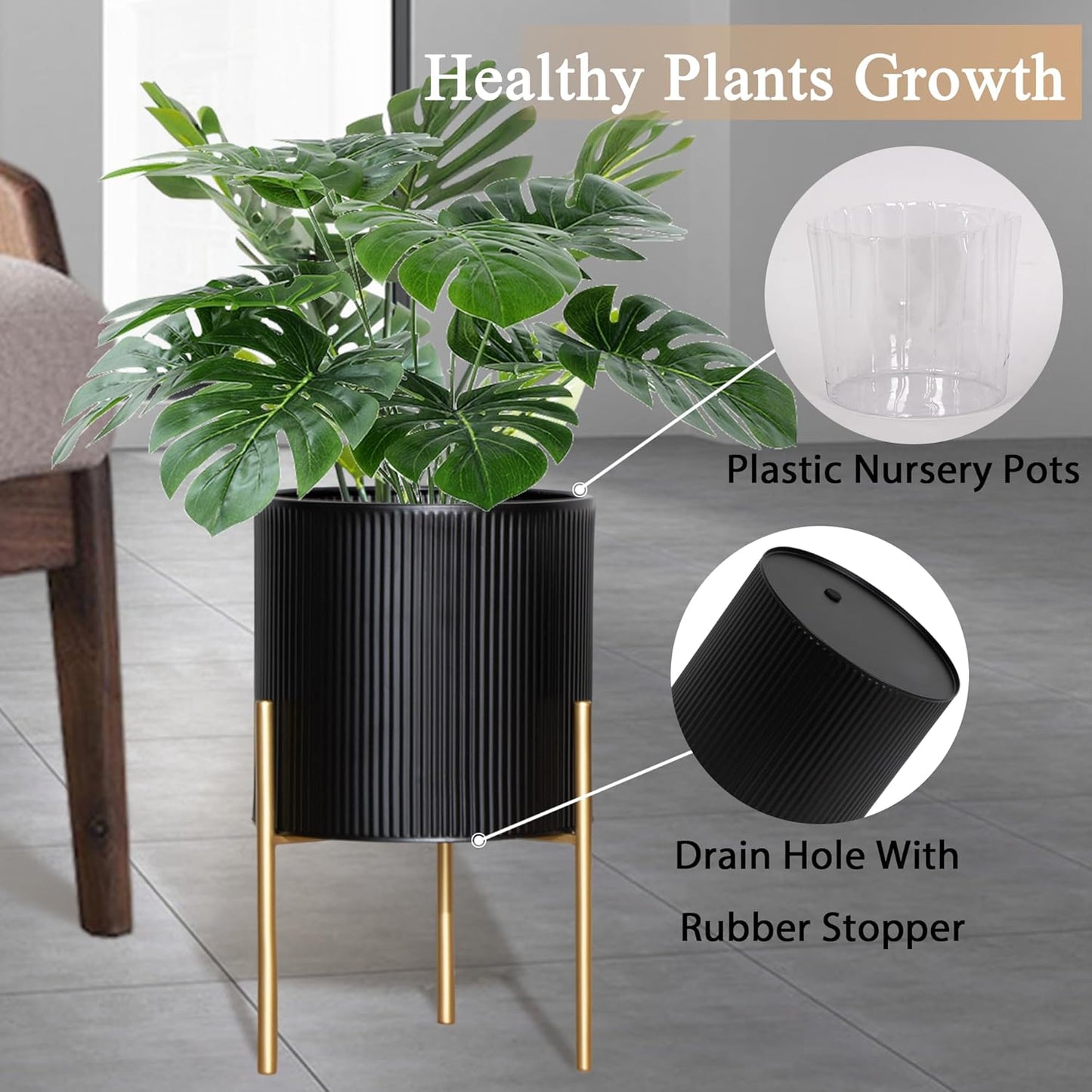 ARNIS Modern Planter Pots, Set of 2 Round Large Planters with Stand, Decorative Planters, Metal Pots with Drainage Holes for Living Room, Office, Garden or Balcony, 8.25 &10.5 Inch, Black & Gold