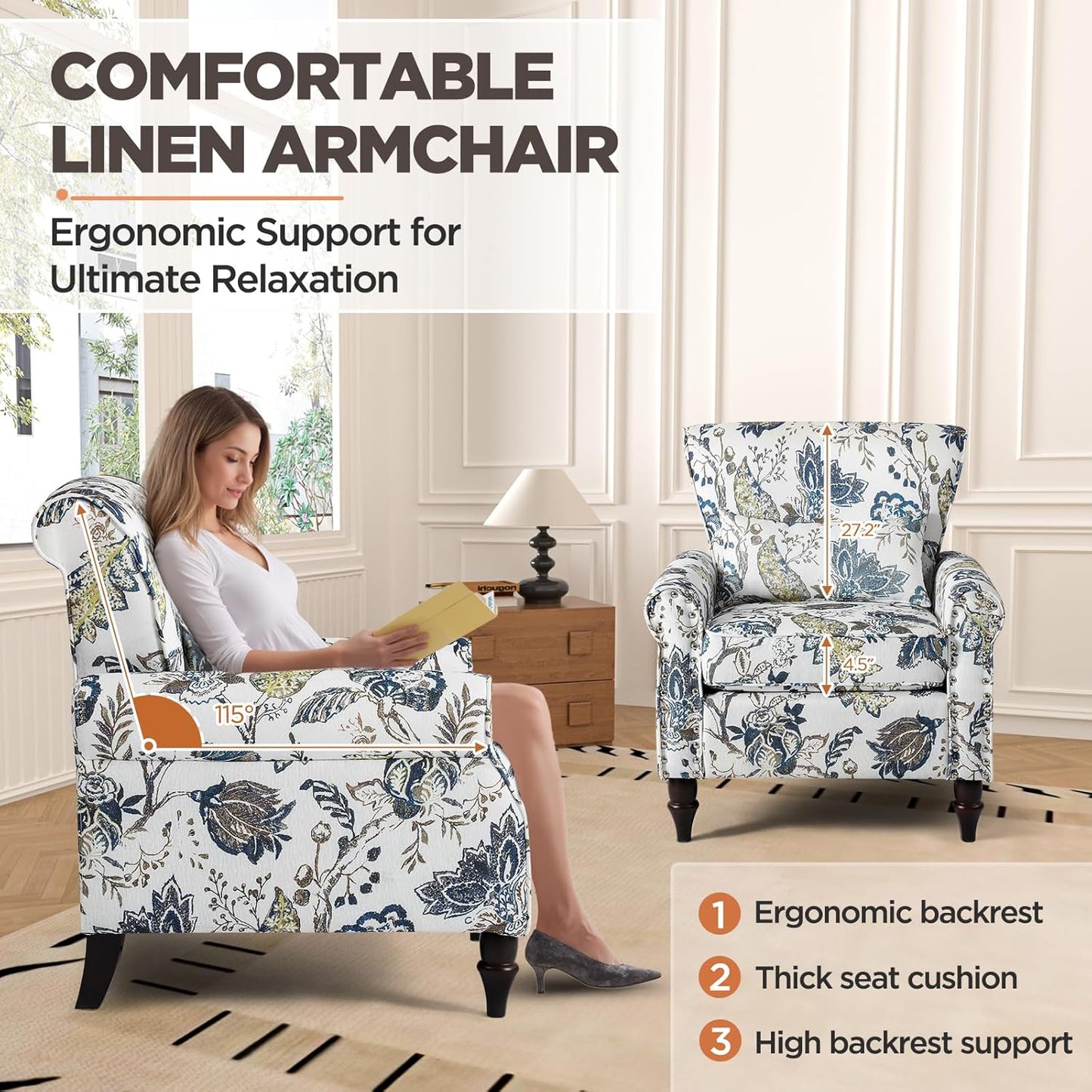 Wingback Accent Chair with Removable Pillow, High Back Floral Armchair with Solid Wood Legs & Nailhead Trim, Comfy Upholstered Reading Single Sofa Chair for Bedroom (1, Blue Floral Pattern)