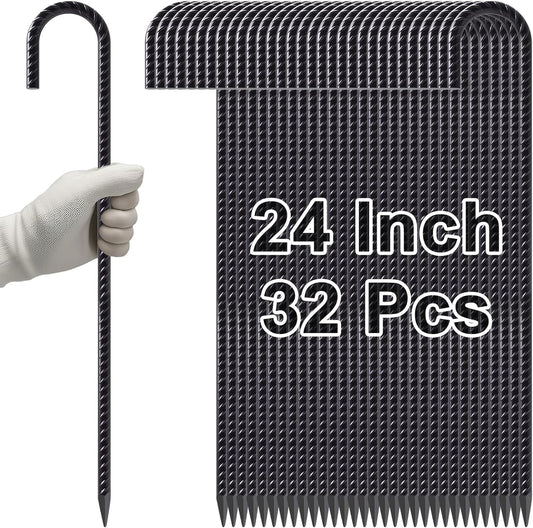 VVOKGO Rebar Stakes 24 Inch J Hook Heavy Duty Ground Anchors (32pcs), 3/8 Inch Diameter Metal Steel Extra Long Fence Stakes with Chisel Point End for Greenhouse, Gazebo, Carport, Camping Tents, Black