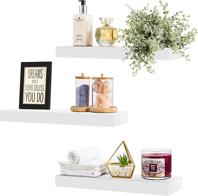 Sorbus Floating Shelves for Wall, Bathroom Shelves Wall Mounted for Kitchen, Bedroom, Bathroom Storage Over Toilet, Hanging Book Shelf for Wall Home Decor Living Room (White, 3 Pack)