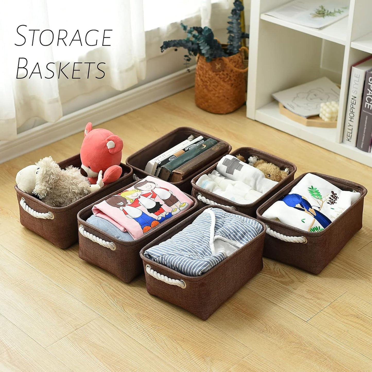 TheWarmHome Storage Basket for Organizing - 12x8x5 inch Small 6 Pack Collapsible Storage Bin for Shelves with Handles, Canves Storage Box for Cloth Closet Organizer Gift Toy (Brown)
