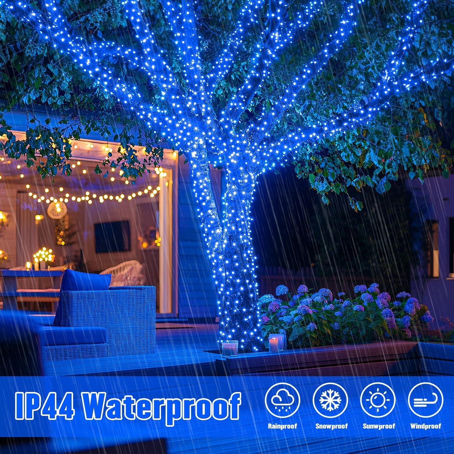 JMEXSUSS 2 Pack Blue Solar Christmas Lights: 100 LED 33ft Blue Solar Lights Outdoor, 8 Modes Solar String Lights for Outside Christmas Tree Gardens Party