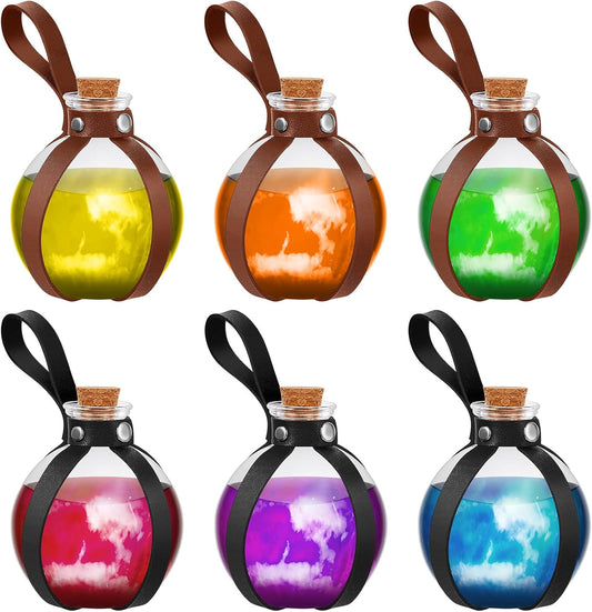 Patelai 6 Pcs Halloween Glass Potion Bottles with Belt Cork Renaissance Witch Costume Accessories Witch Props Potion Bottle for Halloween Party Decor Cosplay DIY Crafts Gift (Black,Brown)