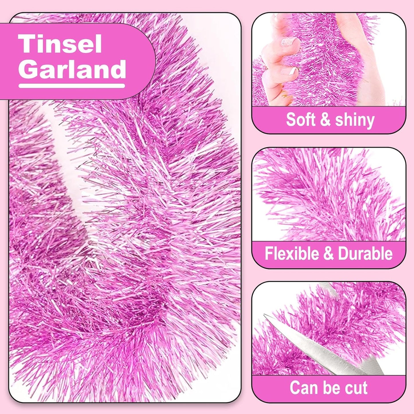 25 Feet Metallic Twist Tinsel Garland - Wall Hanging Backdrop for Parade Floats, Christmas Eve, New Year, Valentine's Day Parties (Macaron Pink, 4in x 25ft)