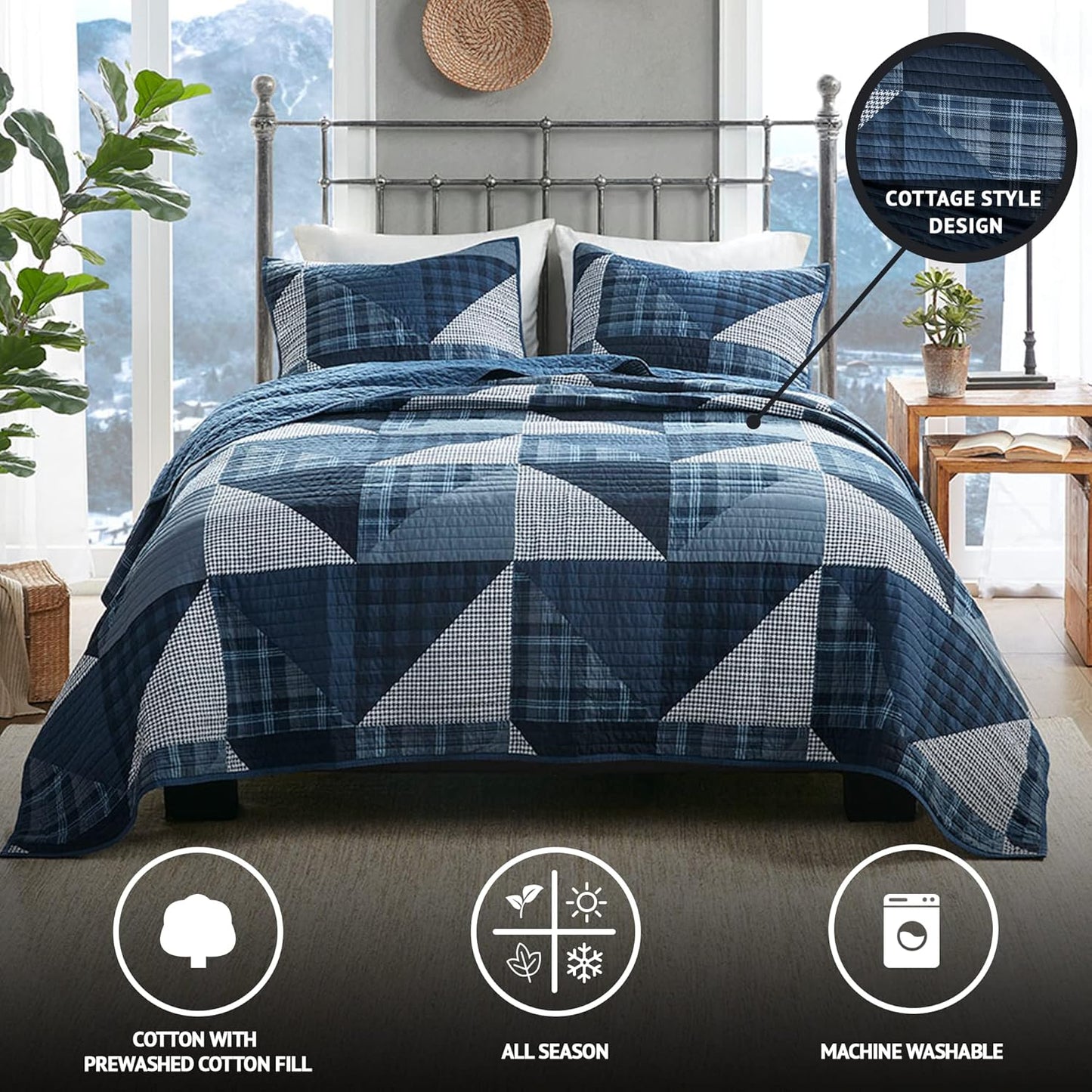 Woolrich Olsen Reversible Quilt Set - Cottage Styling Reversed to Solid Color, All Season Lightweight Coverlet, Cozy Bedding Layer, Matching Shams, Oversized Full/Queen, Geometric Plaid Blue 3 Piece