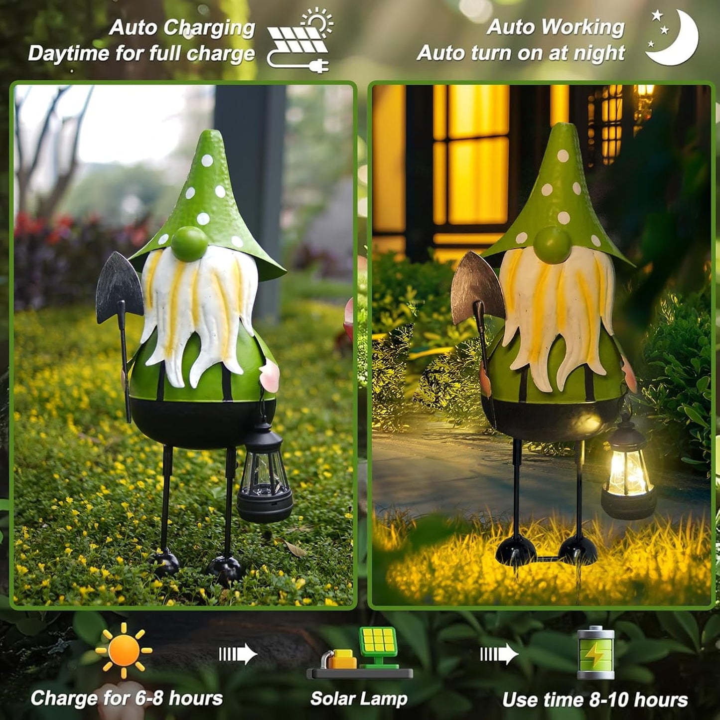 HONGLAND Solar Metal Gnome Yard Art -18 Inch Garden Gnomes Statues Outdoor Decor with Solar Lantern Lights -3D Outdoor Figurines for Patio Yard Lawn Porch Ornament Gardening Gifts