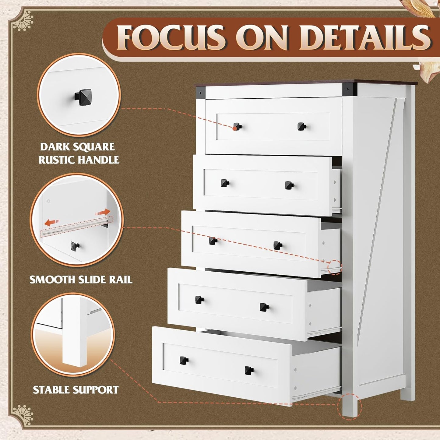 WLIVE Farmhouse White Dresser for Bedroom, 5 Drawer Dresser Storage Organizer, Tall Wood Dressers with Double Rustic Handle, Chest of Drawers for Living Room, Hallway, Closet