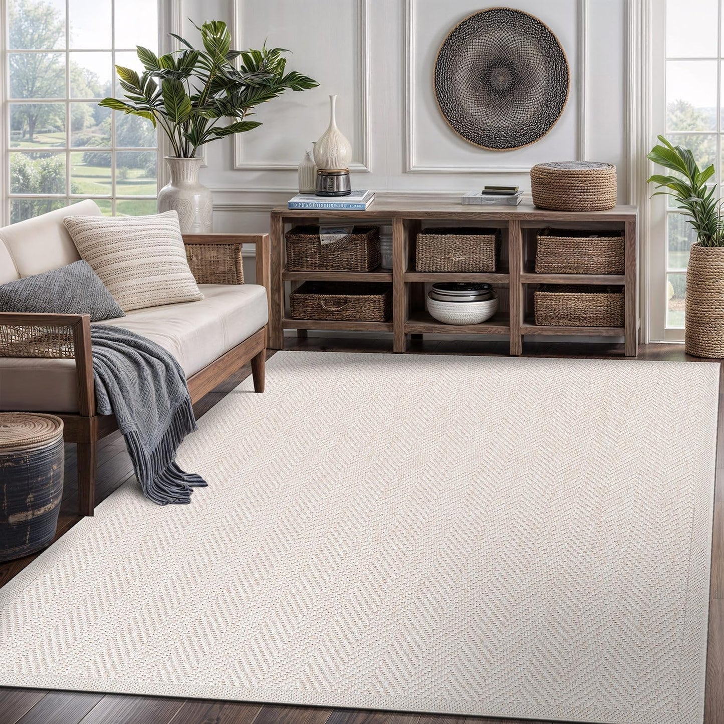 CAMILSON Easy Jute Rug 5x7, Indoor Outdoor Off-White Color Fiber Area Rugs for Living Room Patio and Kitchen Rug Herringbone Seagrass Woven Design Easy-Cleaning Washable Outside Carpet Alfombras 5 x 7