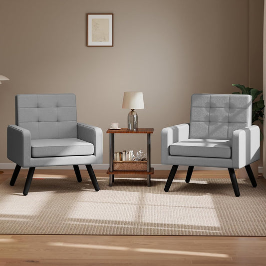 Kromax Mid-Century Modern Accent Chair Set of 2 for Living Room, 496 Lb. Weight Capacity, Dual Armrests, Comfy Extra Large Seat, Timeless Style Perfect for Reading & Relaxing, Light Grey