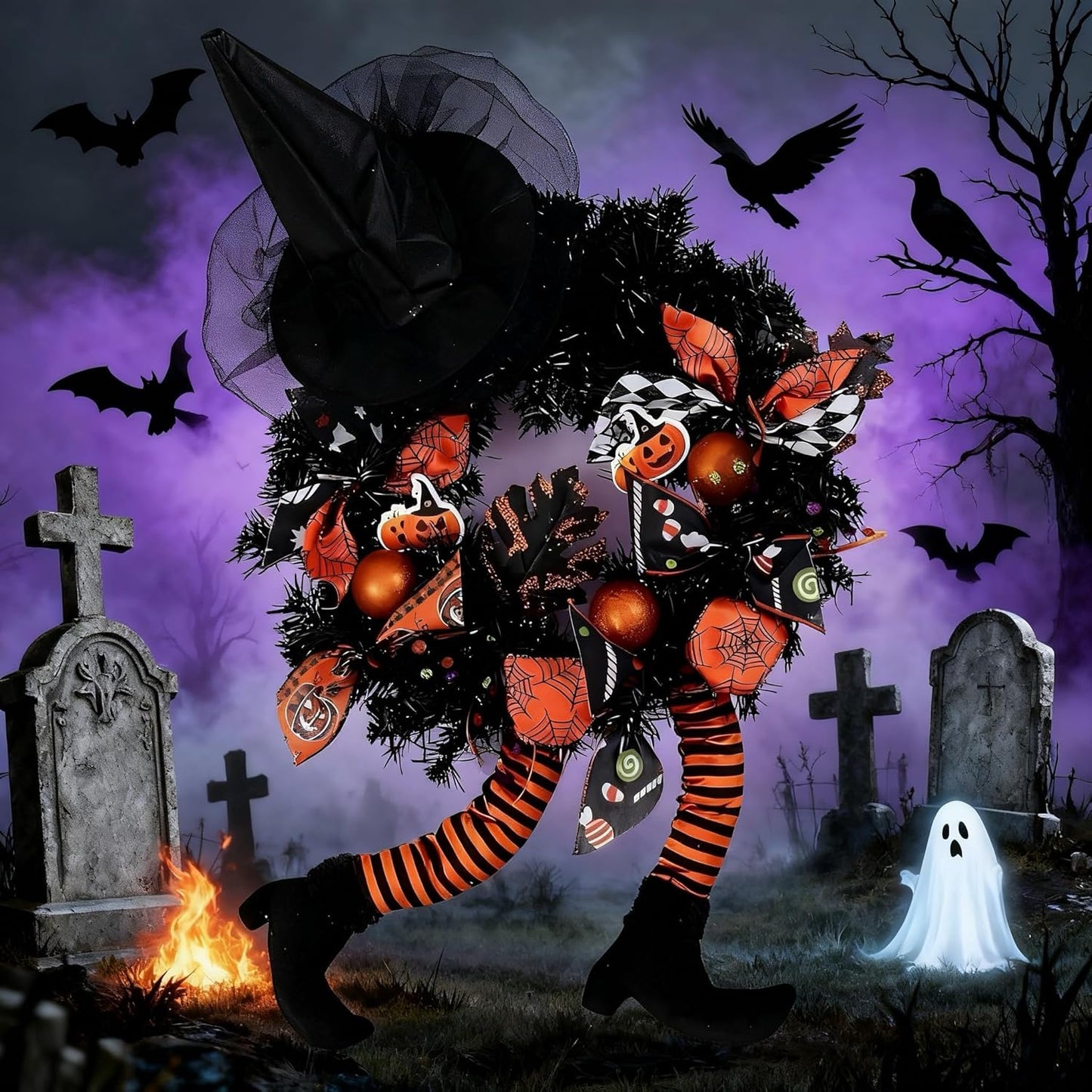 Happy Halloween Wreath for Front Door Decoration with Skeleton Artificial Bone Orange Ornaments Maple Leaf for Party Decor (Halloween Orange)