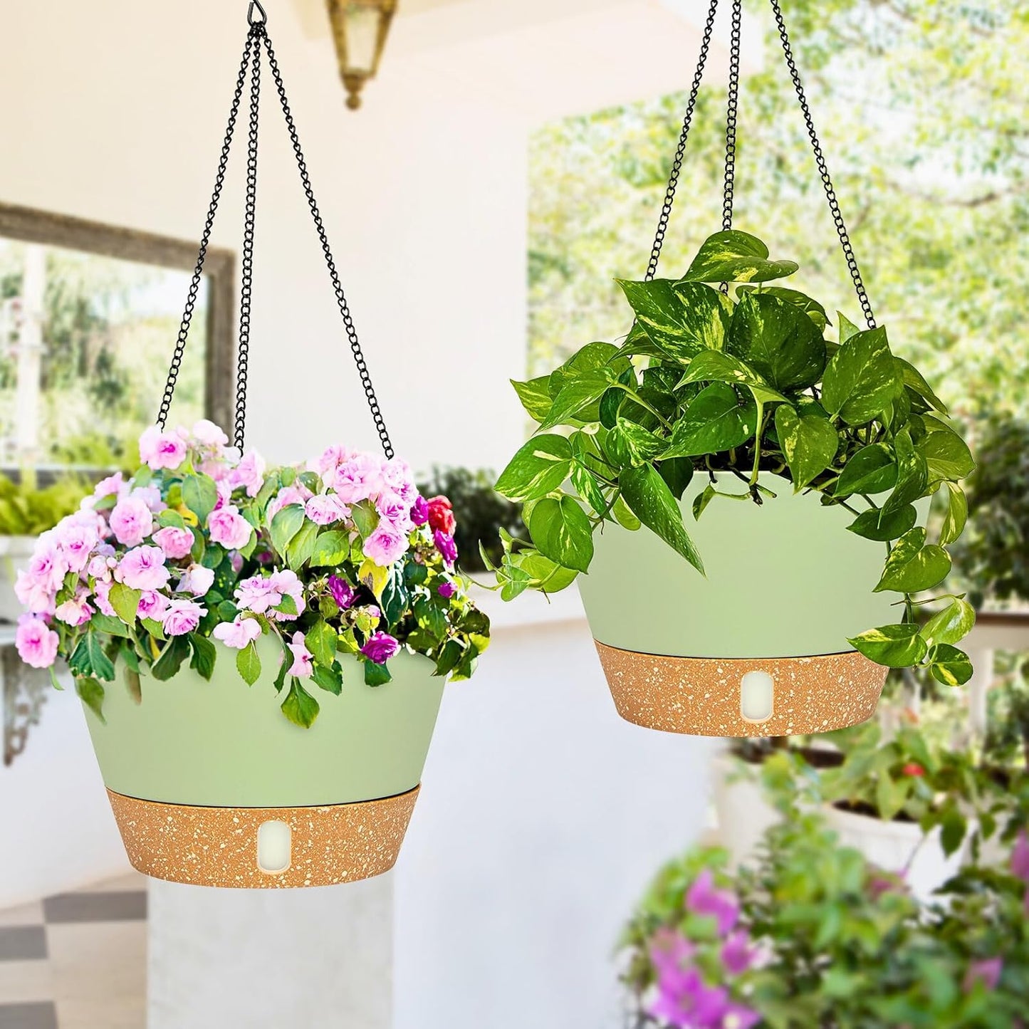 QCQHDU 2 Pack Hanging Planters for Indoor Outdoor Plants, 8 Inch Hanging Baskets Flower Pots with Reservoir Tray & Visible Water-Level